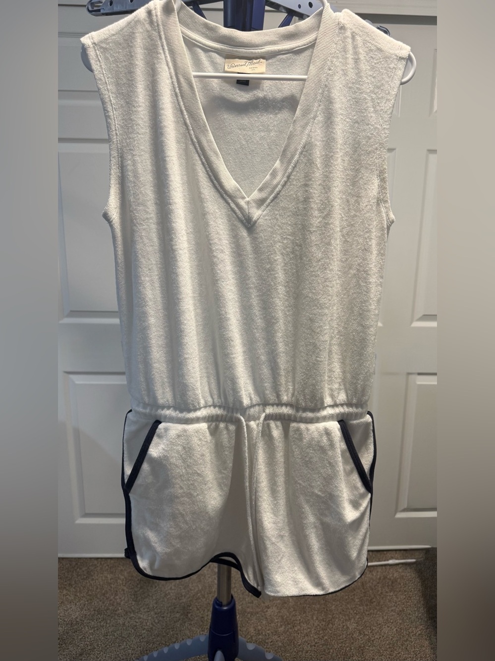 Universal Thread White Terry V-Neck Romper with Navy Trim